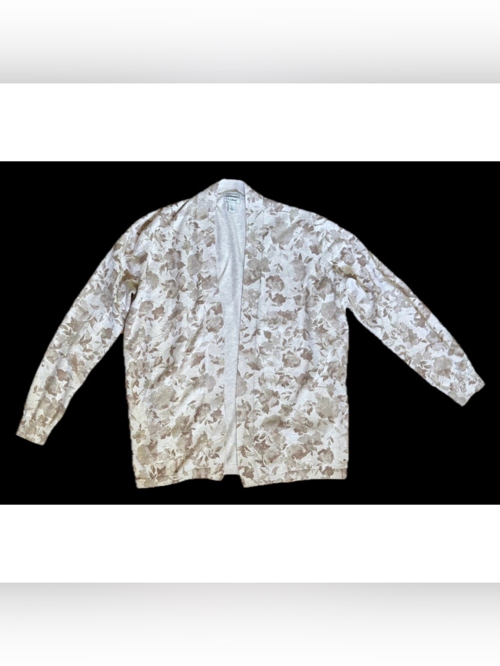 LL Bean Supima Cotton Cream Brown Floral Open Cardigan Sweater Size Large